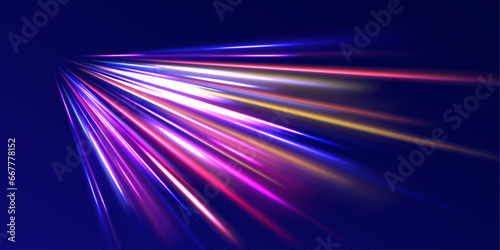 Neon line as speed or arc, turn, twist, bend in light effect. Light arc in neon colors, in the form of a turn and a zigzag. Abstract background in blue, yellow and orange neon colors.	