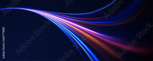 Lines in the shape of a comet against a dark background. Illustration of high speed concept. Acceleration speed motion on night road.	