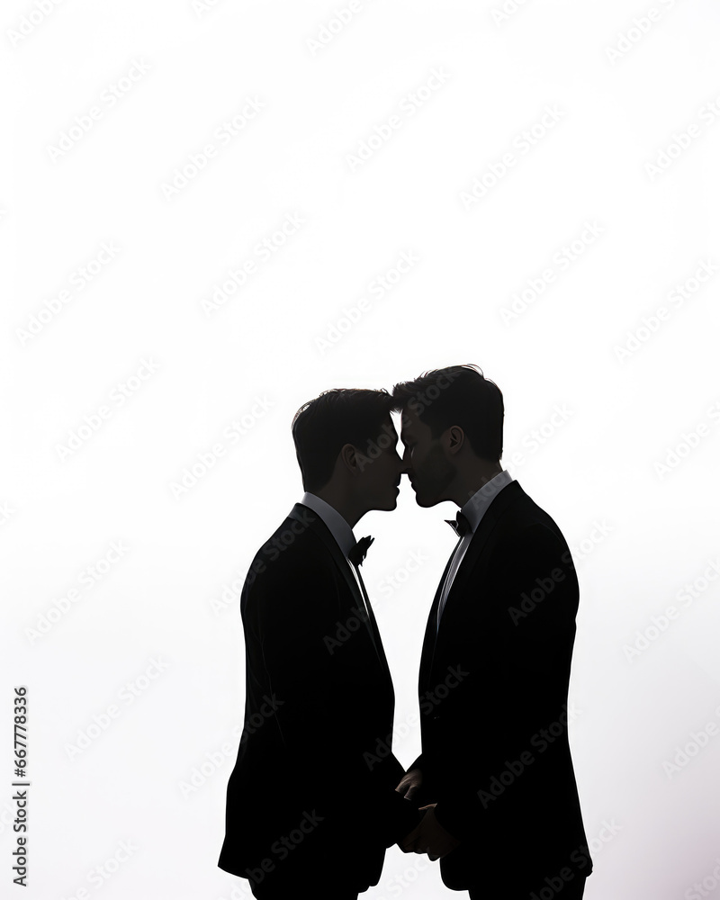 Celebration of Love and Equality, two men in wedding suits with black bow ties, kissing to celebrate their marriage, Same-Sex Marriage and LGBT Representation on a white background