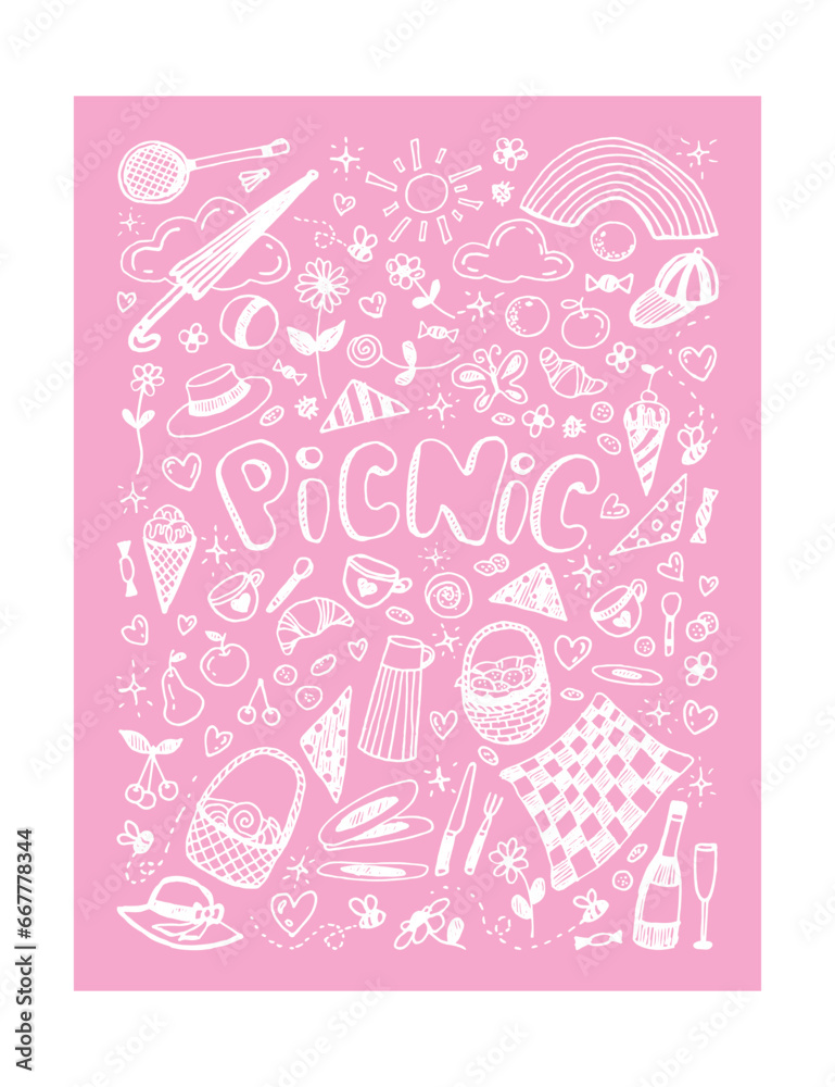 Picnic linear vector illustration on pink
