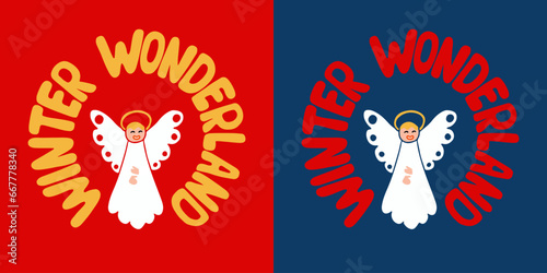 Winter retro groovy print design with angel in minimalistic childish style. Flat hand drawn slogan Winter Wonderland in round shape. Unique retro design for posters, shirt, printouts, greeting cards