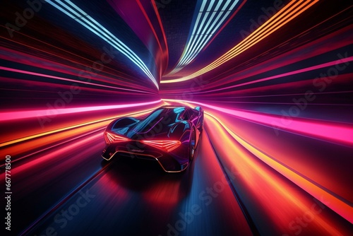 A sleek vehicle speeds through a dazzling light tunnel with vibrant neon illumination. Generative AI © Finlay