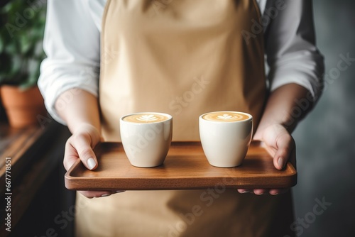 Barista wearing a apron is serving two hot coffees on wooden tray