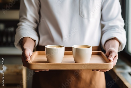 Barista holding a wooden tray with two steaming cups of coffee