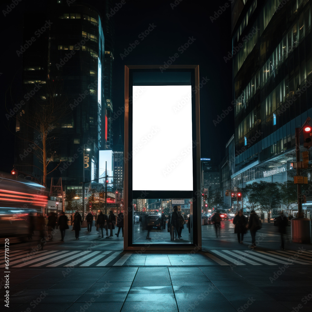 panneau publicitaire personnalisable pour maquette de présentation de publicité dans un environnement urbain, vue nocturne