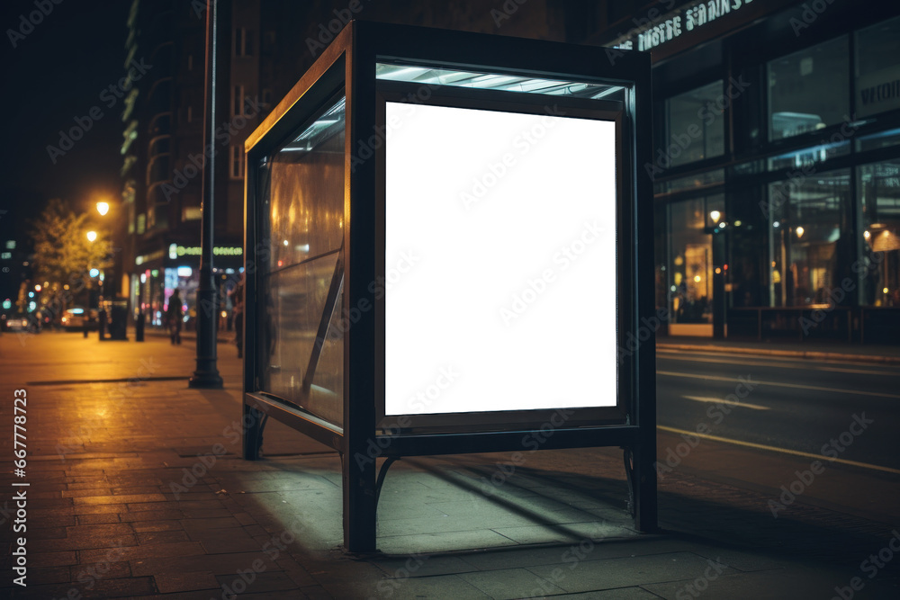 panneau publicitaire personnalisable pour maquette de présentation de publicité dans un environnement urbain, vue nocturne