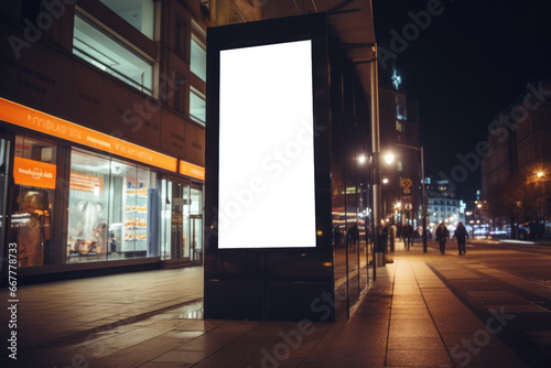 panneau publicitaire personnalisable pour maquette de présentation de publicité dans un environnement urbain, vue nocturne