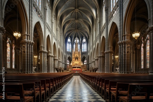 An awe-inspiring cathedral where a divine choir melodiously sings hymns of reverence. Generative AI