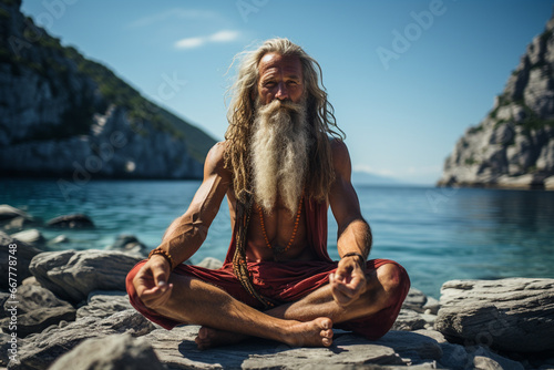 Senior yoga guru man with white beard and tattoo sitting in meditating, mindful living and healthy wellbeing concept. AI generative photo
