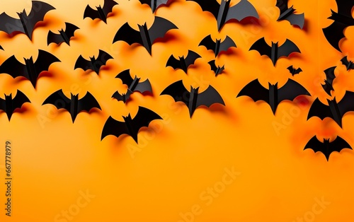 Halloween decorations bats made of paper on orange background. AI, Generative AI