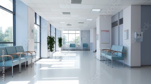 Hospital corridor designed for patient comfort with seating and posters.