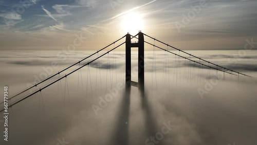 aerial view of the Humber Bridge in the morning mist over the river humber 