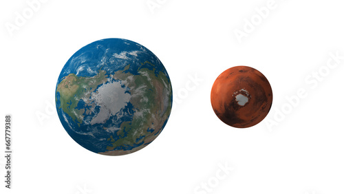 earth versus mars view from north pole , mars is 53 percent the size of earth  , 3d rendering illustration on transparent background