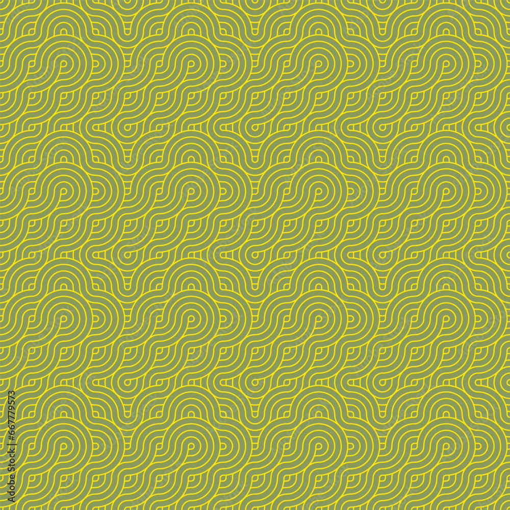Gold and olive, abstract, geometric Asian style seamless pattern with interconnected curvy stripes