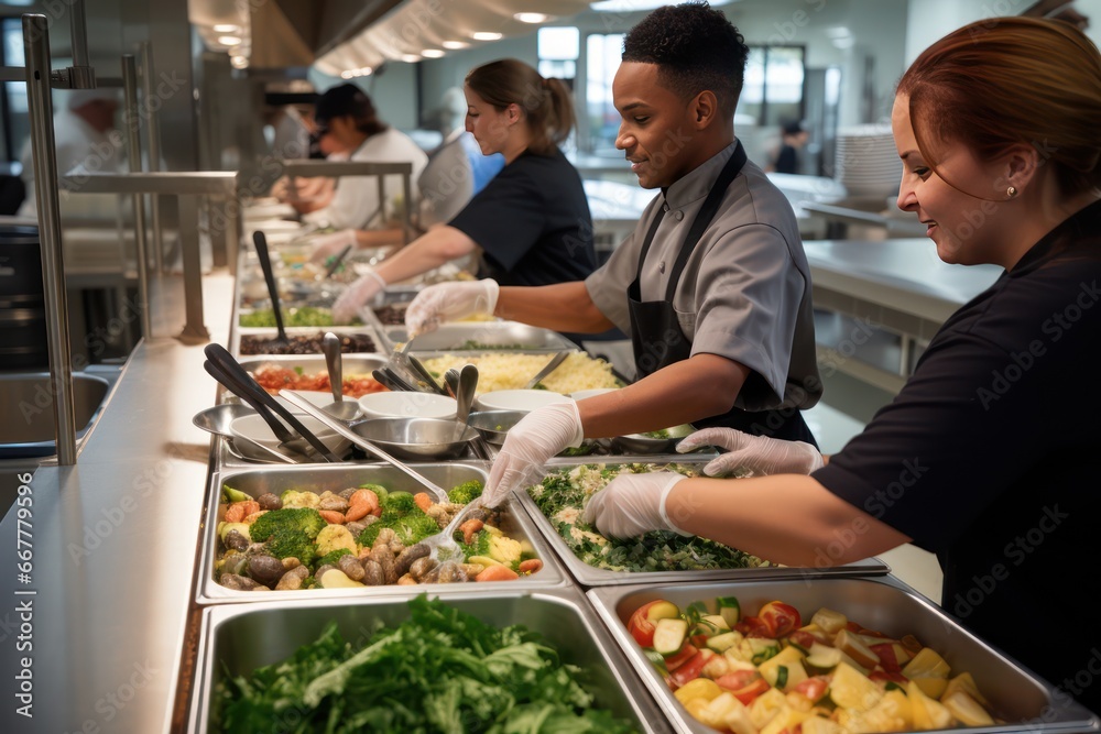 Naklejka premium Embracing Climate Change: Group Prepares Plant-Based Meals at the Eco-Conscious Cafeteria