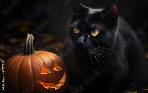 Mystical Halloween Black Cat with Halloween pumpkins. AI, Generative AI © Stormstudio