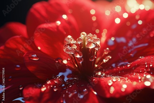  a close up of a red flower with drops of water on it.  generative ai