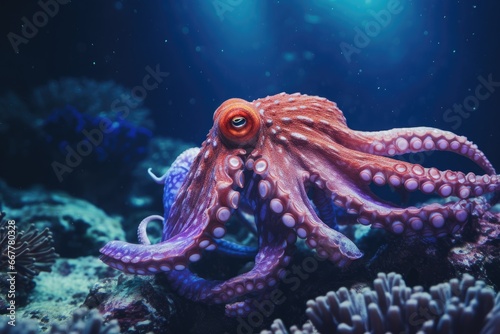  an octopus is sitting on a coral in the ocean water.  generative ai © Oleg