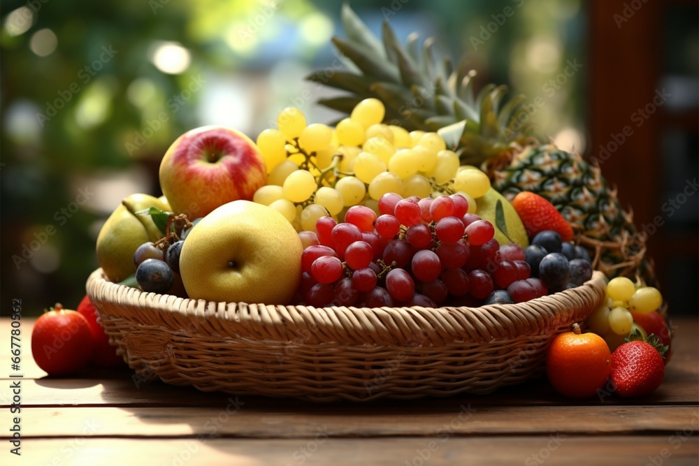 A charming fruit basket, adorned with fresh fruits against a backdrop A charming fruit basket, adorned with fresh fruits against a backdrop