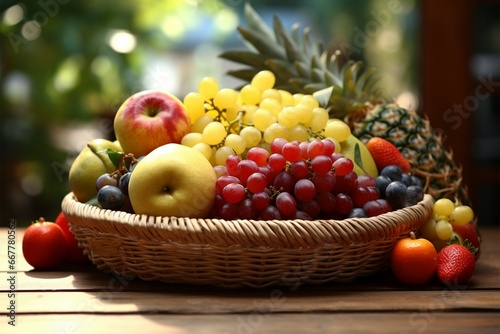 A charming fruit basket  adorned with fresh fruits against a backdrop