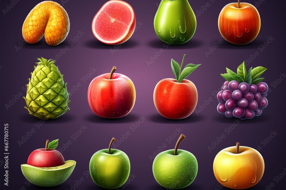 A collection of 3D fruit icons for easily recognizable graphics A collection of 3D fruit icons for easily recognizable graphics