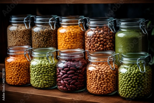 A collection of legumes and beans, displayed in glass jars, featuring both dried and fresh varieties