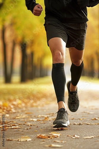 Jogging workout in autumn forest. Legs of a man close up. Man during jogging workout in an autumn city park. Keeping fit in any age.