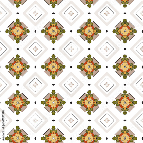 Vintage kitchen wallpaper, seamless vector pattern with mature color palette; botanical, diamond, green, orange, gold, white, textured