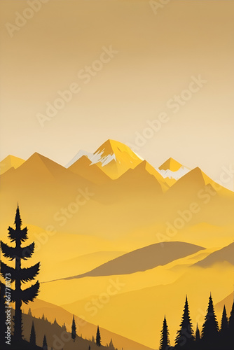 Misty mountains at sunset in yellow tone, vertical composition