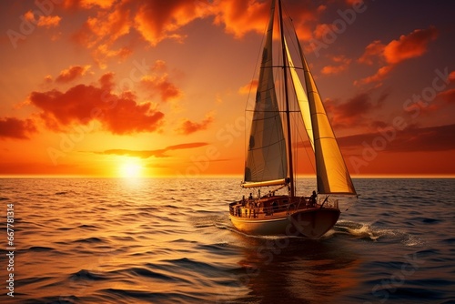 A beautiful sunset on a yacht in the ocean. Generative AI © Zephyrine