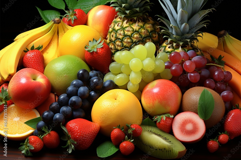 A lifelike tropical fruit medley, art imitating natures perfection A lifelike tropical fruit medley, art imitating natures perfection