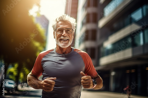 Elderly Vitality Senior Man Embracing a Healthy Lifestyle for Longevity with a Morning Run in the City. created with Generative AI