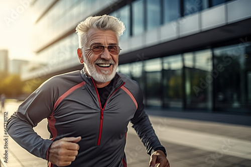 Elderly Vitality Senior Man Embracing a Healthy Lifestyle for Longevity with a Morning Run in the City. created with Generative AI