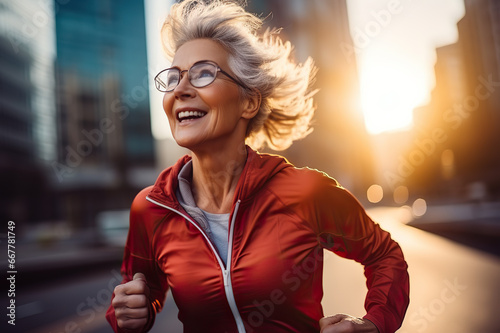 Elderly Vitality Senior Woman Embracing a Healthy Lifestyle for Longevity with a Morning Run in the City. created with Generative AI