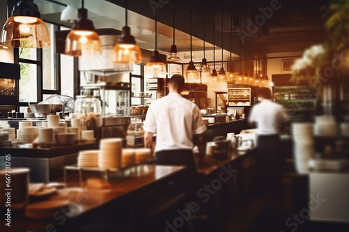 Bustling Cafe Ambiance: Blurred Coffee Shop with Chefs, Waiters, and Patrons in Action. created with Generative AI photo