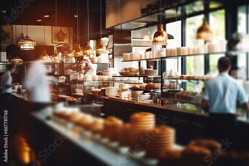 Bustling Cafe Ambiance: Blurred Coffee Shop with Chefs, Waiters, and Patrons in Action. created with Generative AI photo