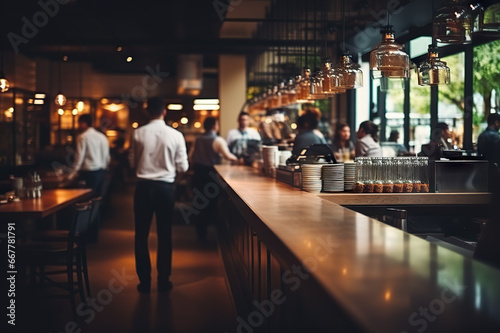 Bustling Cafe Ambiance: Blurred Coffee Shop with Chefs, Waiters, and Patrons in Action. created with Generative AI © photobuay