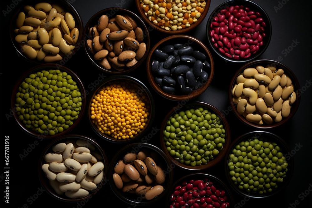 A range of beans, each in separate bowls on black A range of beans, each in separate bowls on black
