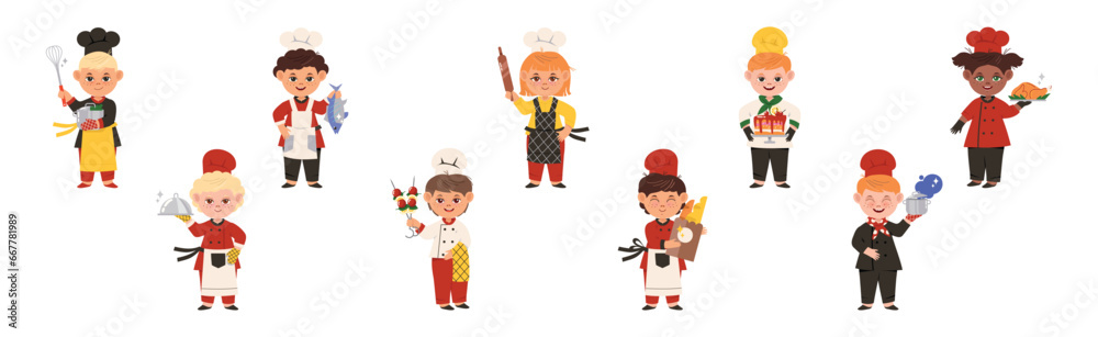 Little Children Chef Character in Toque and Uniform Cooking Meal Vector Set Little Children Chef Character in Toque and Uniform Cooking Meal Vector Set