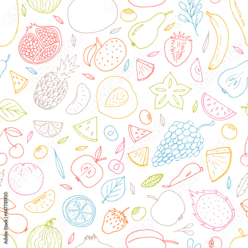 Hand drawn seamless pattern with summer fruits and berries. Healthy food background. Trendy textile print
