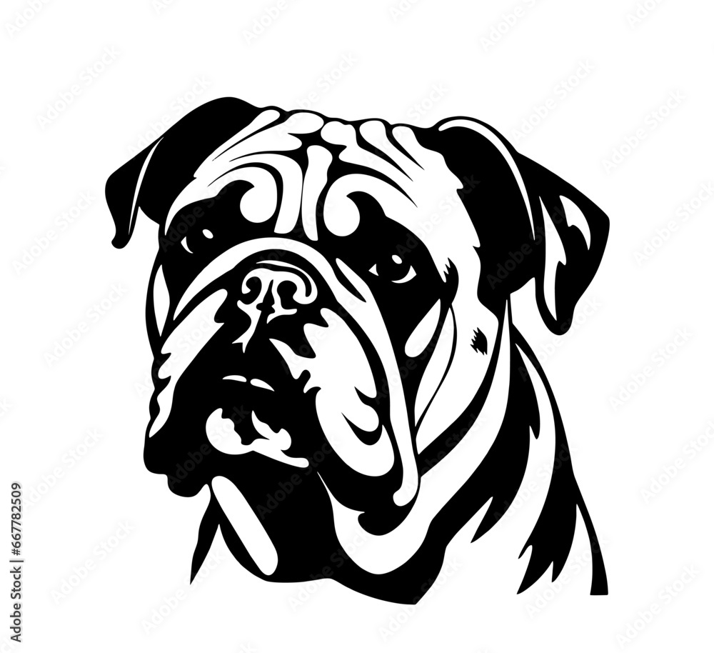 Vector isolated one single sitting Bulldog English American dog head front view black and white bw two colors silhouette. Template for laser engraving or stencil, print for t shirt Vector isolated one single sitting Bulldog English American dog head front view black and white bw two colors silhouette. Template for laser engraving or stencil, print for t shirt