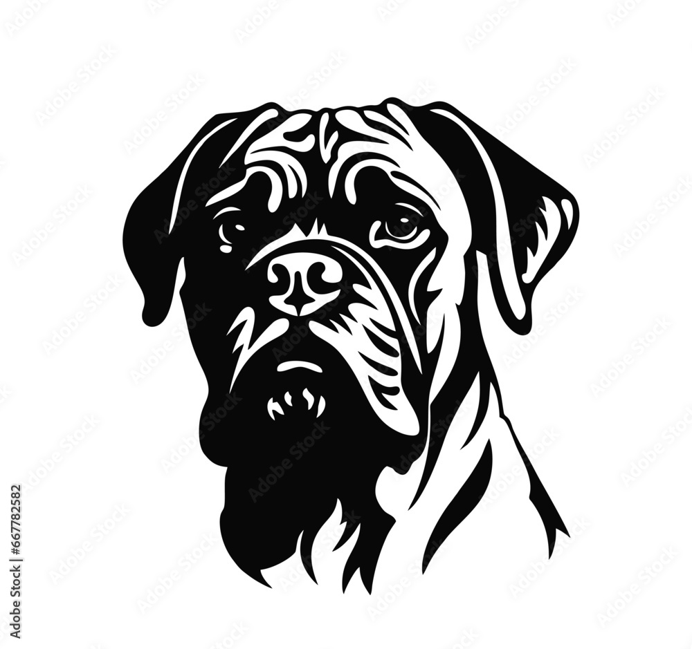Vector isolated one single sitting Cane Corso Mastiff Bullmastiff dog head front view black and white bw two colors silhouette. Template for laser engraving or stencil, print for t shirt Vector isolated one single sitting Cane Corso Mastiff Bullmastiff dog head front view black and white bw two colors silhouette. Template for laser engraving or stencil, print for t shirt