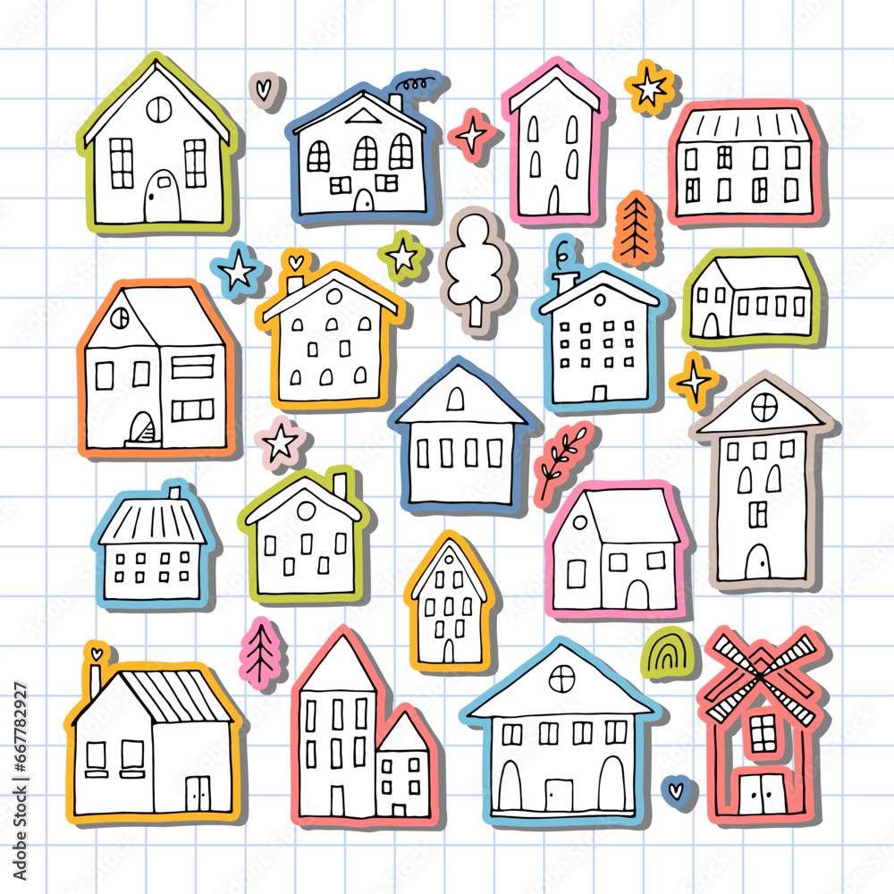 Set of hand drawn houses. Stickers. Collection of sketched buildings Set of hand drawn houses. Stickers. Collection of sketched buildings