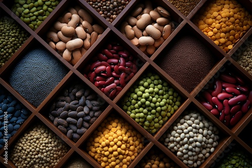 An aerial perspective of varied beans displayed in compact wooden vessels