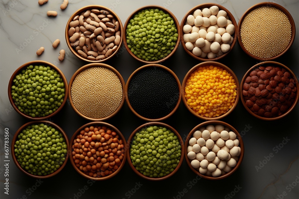 An assortment of legumes and beans, some dried and others fresh, stored in glass jars