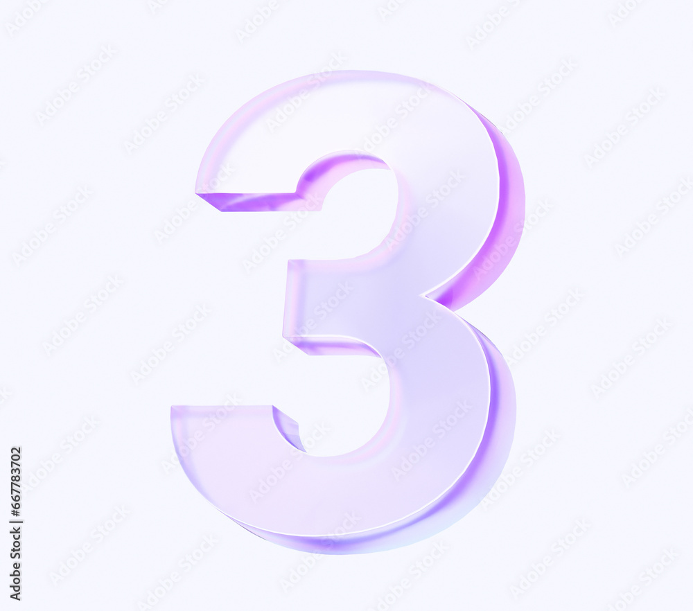 number three with colorful gradient and glass material. 3d rendering illustration for graphic design, presentation or background