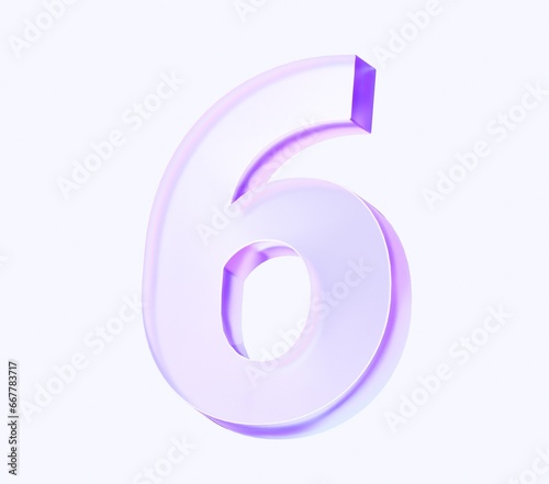 number six with colorful gradient and glass material. 3d rendering illustration for graphic design, presentation or background