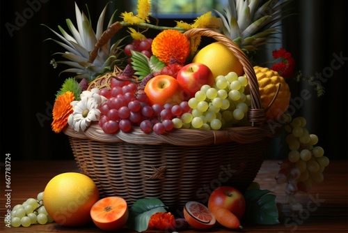 An inviting basket brimming with an array of vibrant, fresh fruits
