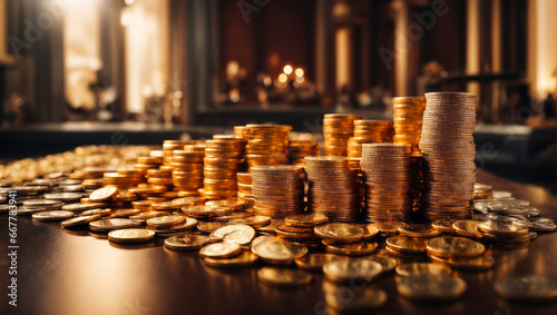 A collection of gold coins on a table.