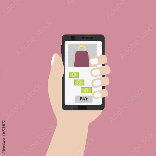 Online shopping and payment concept. Buy Clothing, shoes and other accessory through smart phone. Doing payment digitally by credit card and UPI. flat vector illustration.